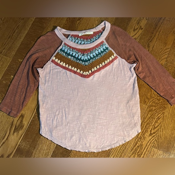 We The Free People Spring Bound Top Crochet Shirt Extra Small Boho 3/4 Sleeve XS - Picture 4 of 6